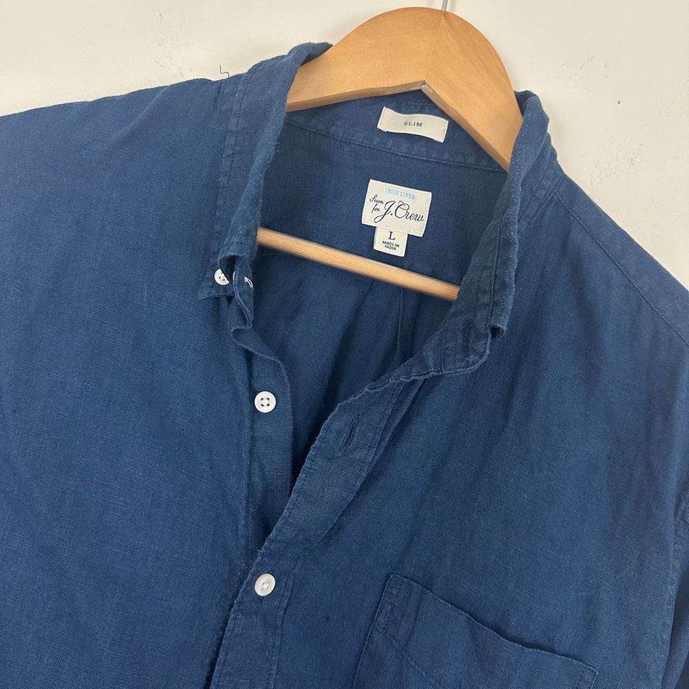 J.Crew Irish Linen Shirt Navy Blue Slim Fit Long Sleeve Button Down Mens Large